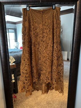 Crochet Lace Midi Skirt in Brown